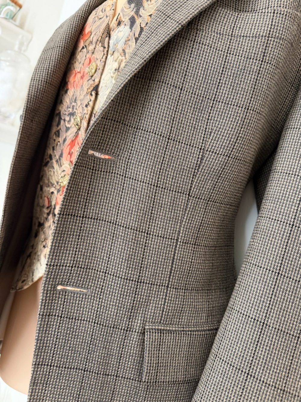 Vintage Oscar de la Renta Taupe Brown Glen Plaid Wool Cashmere Blazer, Size M - Picture 5 of 16